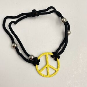Vintage Y2K Silver Tone Beaded Yellow Charm Peace Sign Bracelet Black Cord